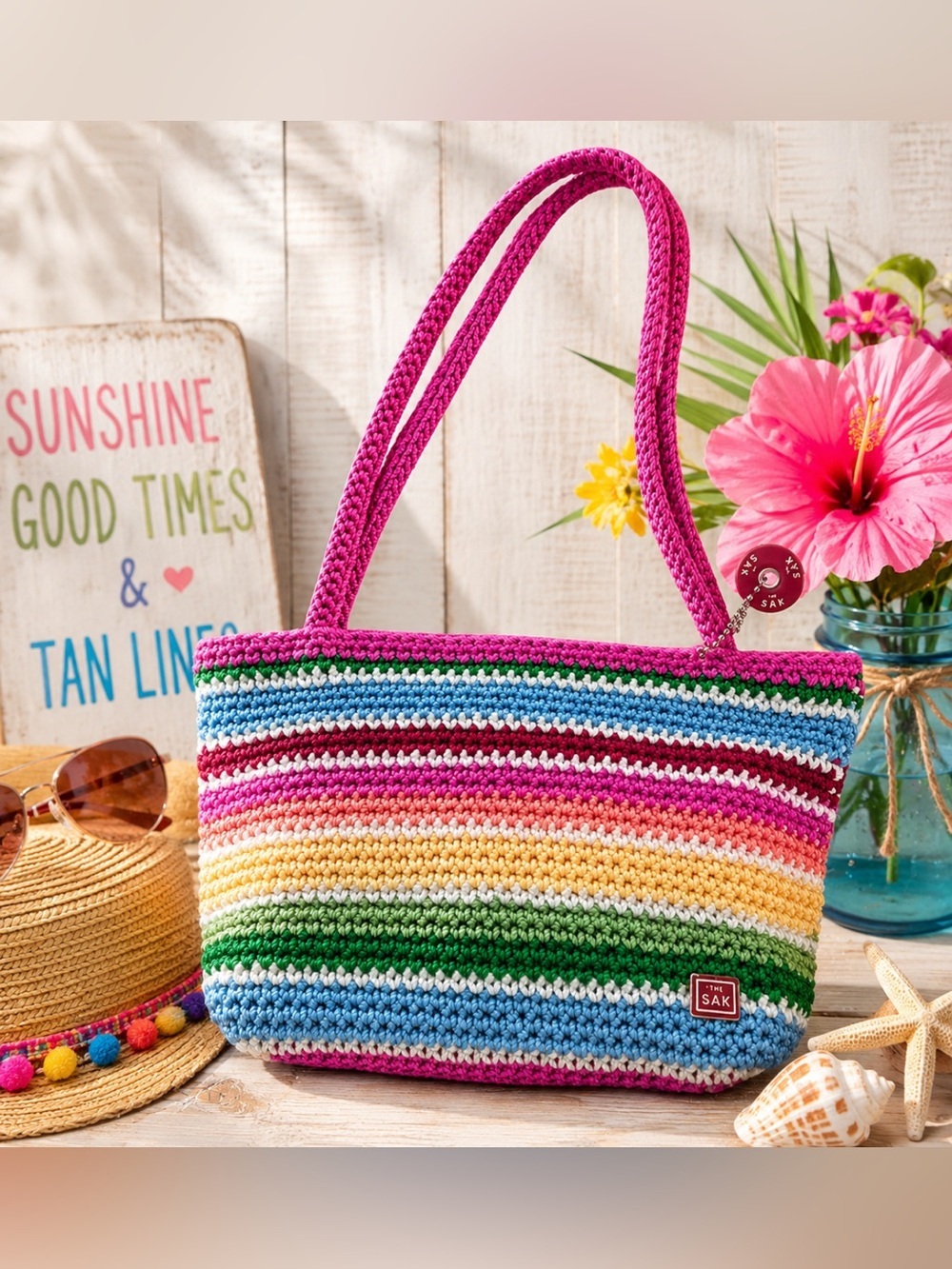 The Sak Crochet Stripe Hand Bag Pink Multicolor Knit Bag NWOT